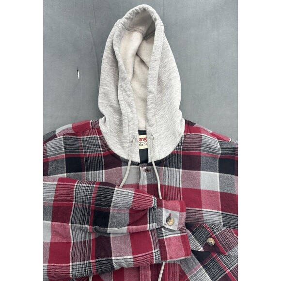 Wrangler Authentics Jacket Mens Large Red Gray Plaid Hooded Flannel Lined Shirt - Picture 2 of 11